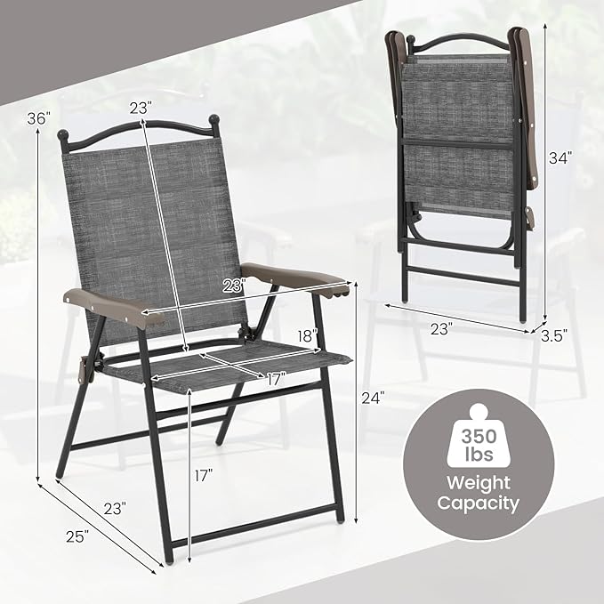 Giantex Set of 2 Patio Folding Chairs, Outdoor Patio Dining Chairs w/Armrest, Sling Back, Metal Frame, Outside Use for Lawn Camping Garden Pool Beach Yard Lounge, No Assembly, Grey