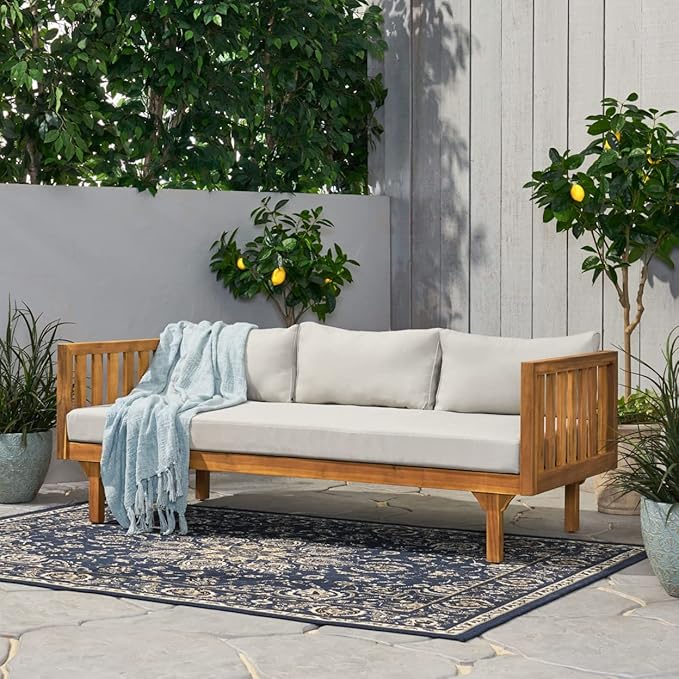 Christopher Knight Home Tina Outdoor 3 Seater Acacia Wood Daybed, Teak Finish, Light Grey