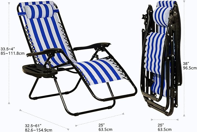 Nazhura Set of 2 Relaxing Recliners Patio Chairs Adjustable Steel Mesh Zero Gravity Lounge Chair Beach Chairs with Pillow and Cup Holder (Navy Blue Stripe)