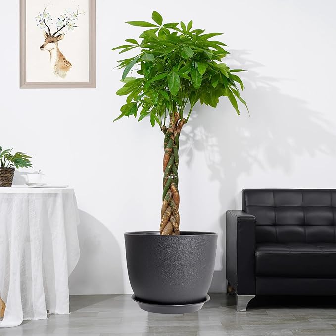 12inch Large Plant Pot, Modern Plastic Planter with High Driange Holes and Saucer for Indoor Outdoor Garden Plants and Flowers, Black