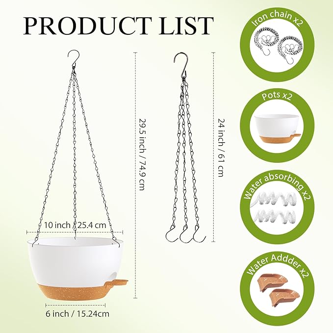 10 Inch Hanging Baskets 2 PC with Chains, Self-Watering Hanging Planters for Indoor Outdoor Plants, Plastic Hanging Flower Pots,White Brown