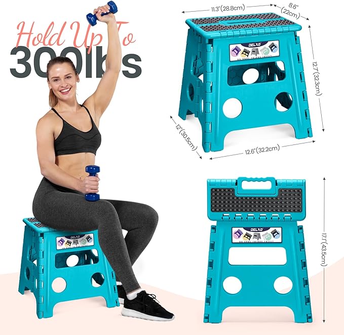 Delxo Folding Step Stool 13 Inch Non-Slip Foldable Stools for Kids & Adults Up to 300 LBS Kitchen Collapsible Fold Up Stepping Stool with Dotted 1 Pack Blue