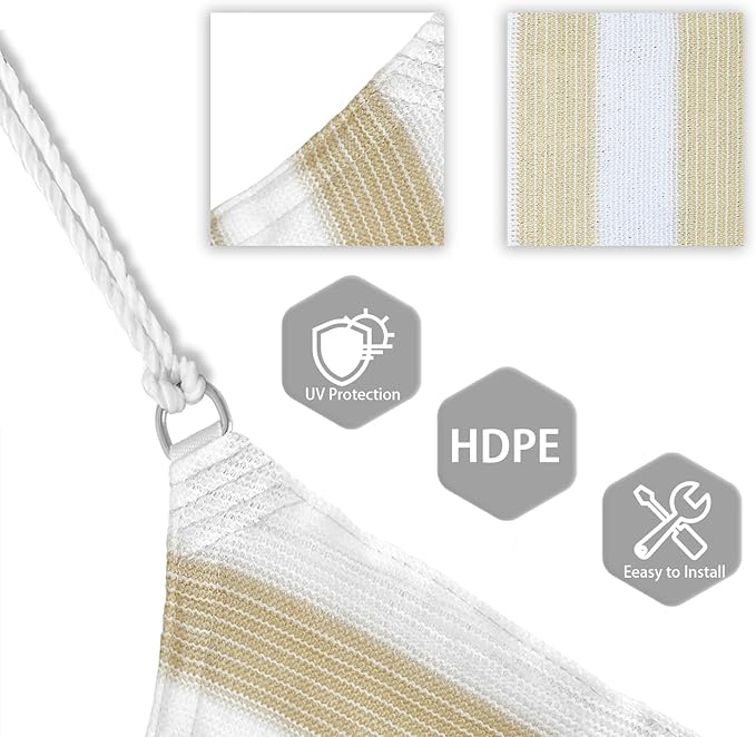 Patio Paradise 18' x 18' x 18' Sun Shade Sail Triangle Canopy Shade Cloth Fabric Sunlight Block Patio Pergola Cover HDPE Deck Awning for Outdoor Backyard Roof Shading, Beige White Strip