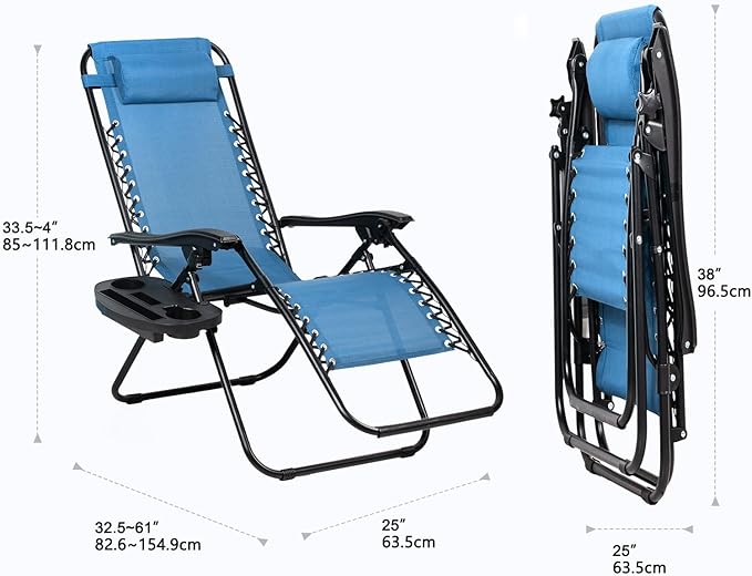 Nazhura Set of 2 Relaxing Recliners Patio Chairs Adjustable Steel Mesh Zero Gravity Lounge Chair Beach Chairs with Pillow and Cup Holder (Sky Blue)