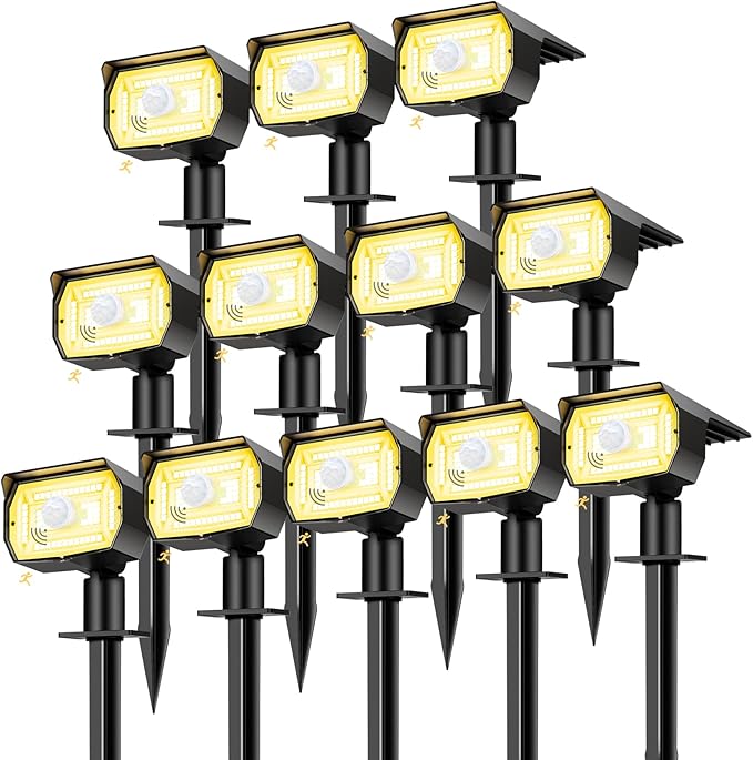nipify 12 Pack Solar Spot Lights Outdoor Motion Sensor with 3 Modes,Solar Spotlights Outdoor Waterproof 2-in-1 Auto On/Off Landscape Lighting for Outside Yard Wall Garden Pathway, Warm White