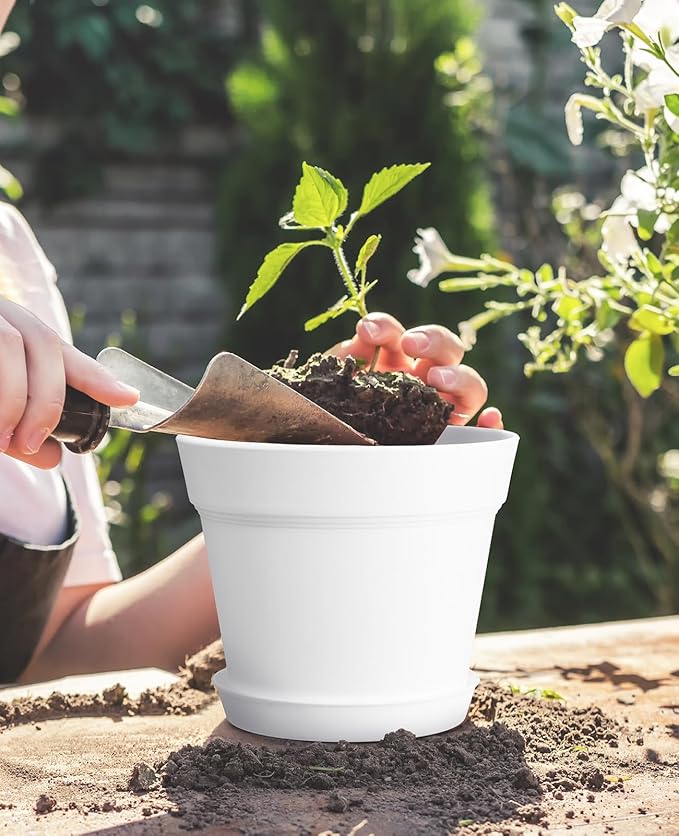 homenote Pots for Plants, 15 Pack 6 Inch Plastic Planters with Multiple Drainage Holes and Trays,Plant Pots for All Home Garden Flowers Succulents (White)