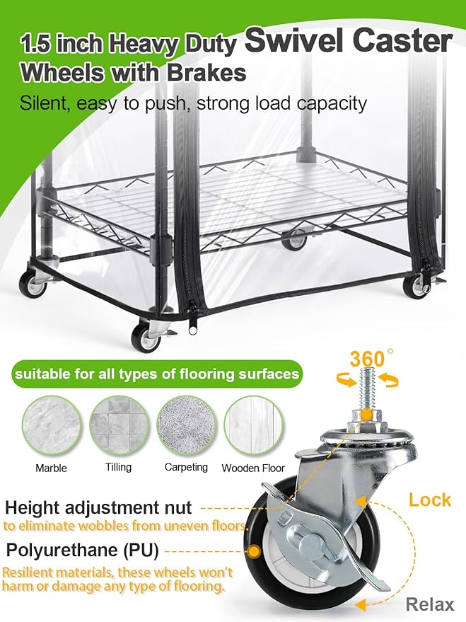 Abimars 5-Tier Mini Greenhouse with Caster Wheels, Each Shelf Height Adjustable Metal Plant Shelf with PVC Cover for Seed Starting Trays, Seedling Pots, Plant Pots, 11x16x57inch