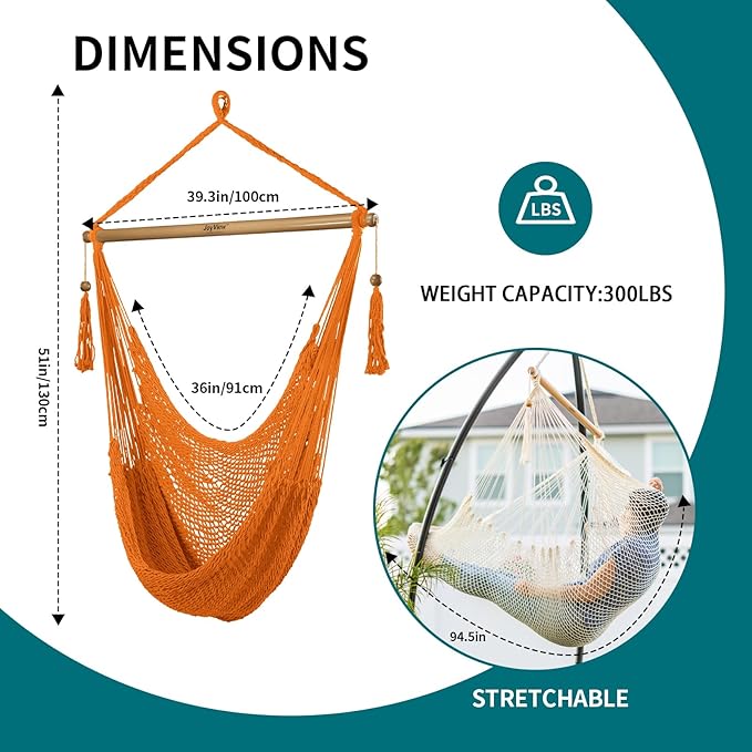 JoyView Hammock Chair with Spreader Bar Caribbean Hammock Swing Chair 300 LBS Weight Capacity XL Rope Hanging Chair for Outdoor Indoor Garden Yard - Orange