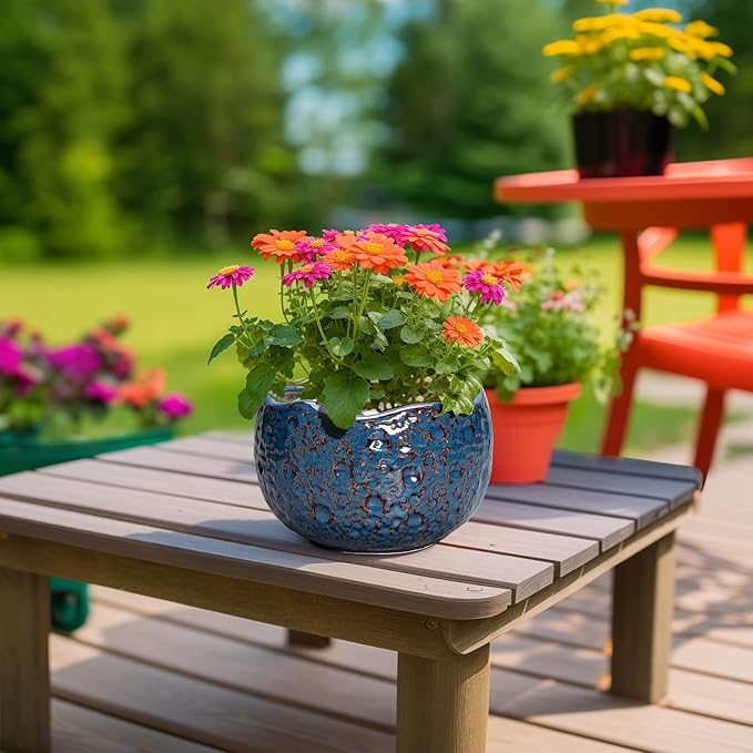 8 Inch Plant Pot - Ceramic Planter for Indoor Outdoor Plants, Round Unique Plant Pots with Drainage Hole, Modern Decorative Flower Pots, Home Decor, Gifts for Plants Lovers, Retro Blue