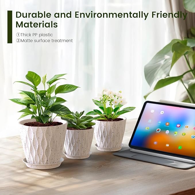 7/6.5/6/5.5/5/4.5/4 inch Plant Pots for Indoor Outdoor Plants, 7 Pack Thick Flower Pots with Drainage Holes and Saucers, Modern Wave Texture Plastic Planters Nursery Pots, Speckled White