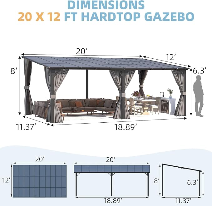 AECOJOY 20' X 12' Gazebo for Patio, Large Wall-Mounted Lean to Pergola Gazebo with Curtains and Netting, 12x20 Hard Top Pergolas and Gazebos on Clearance for Lawn Backyard Garden Deck