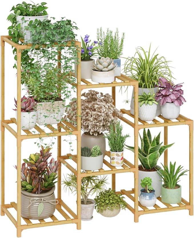 Bamworld Bamboo Plant Stand Indoor Boho Plant Shelf Tiered Plant Rack for Multiple Plants 3 Tiers 7 Pots Ladder Plant Holder Plant Table for Plant Pots Home Decor for Gardening Gifts Nature Color