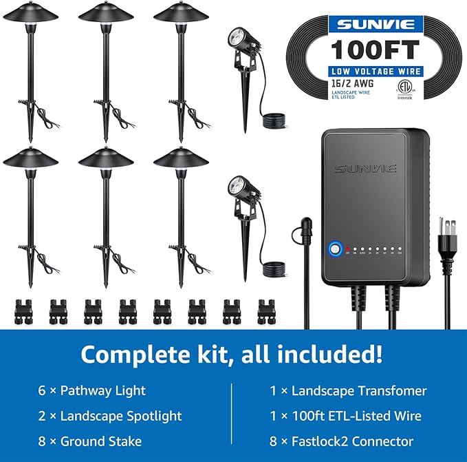 SUNVIE All-in-One LED Low Voltage Landscape Lighting Kit 6 Pathway Lights 2 Spotlights with 60W Photocell Transformer 100FT Wire for Path&Garden, Aluminum, ETL Listed, Dusk to Dawn, Waterproof, 3000K