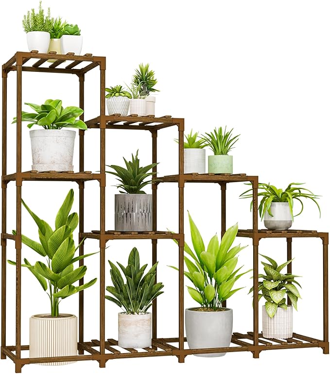 Bamworld Tall Plant Stand Indoor Wood Plant Shelf Outdoor Tiered Plant Rack for Multiple Plants 4 Tiers 10 Pots Ladder Plant Holder Plant Table for Plant Pots Boho Home Decor for Gardening Gifts