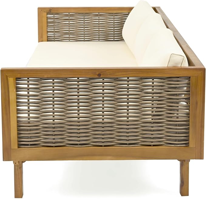 Merax 67.5" Outdoor Patio Daybed 3 Seater Sofa Bed,Acacia Wood Frame with Rattan Arm,Cushion & Pillow