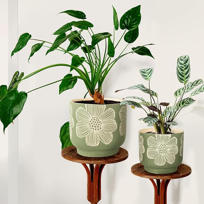 YBX 8 Inch + 6 Inch White Flower Pattern Plant Pots, Sand Glazed Ceramic Planter with Drainage Hole, Flower Pots for Indoor Plants, Green