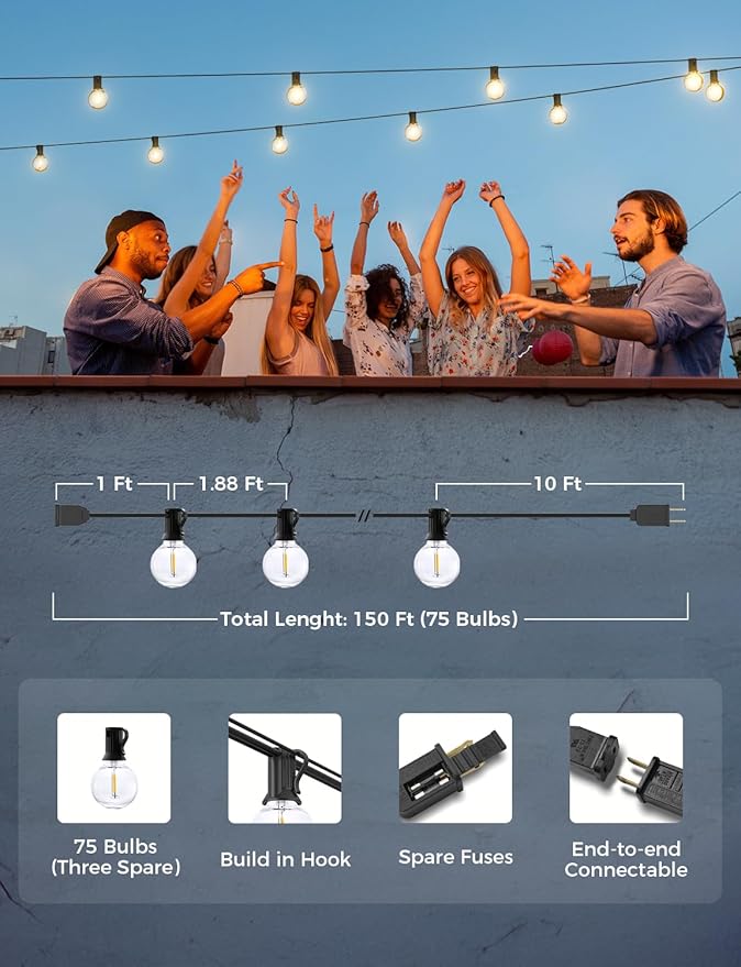 XMCOSY+ Smart Outdoor String Lights, 150Ft G40 Globe Patio Lights with 75 LED Bulbs, WiFi & APP Control, Work with Alexa, Extendable Waterproof Dimmable LED String Lights for Outside, Porch, Cafe