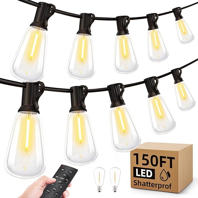 Outdoor String Led Patio Lights - 150Ft 45M Outside Waterproof Light With Remote Dimmable ST38 Shatterproof Bulb Connectable Hanging Outdoor Electric Lighting For Backyard Yard Gazebo Porch Party