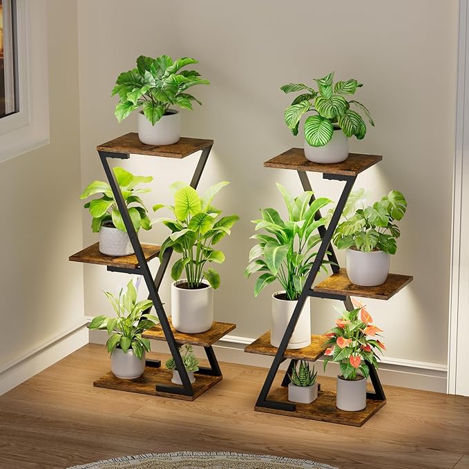 Plant Stand Indoor with Grow Lights - 2 Pack Corner Plant Shelf Indoor, 32" Tall Lighted Plant Stand for Indoor Plants, 6 Tiered Z-Shape Flower Stands Display Holder for Living Room, Decor, Black