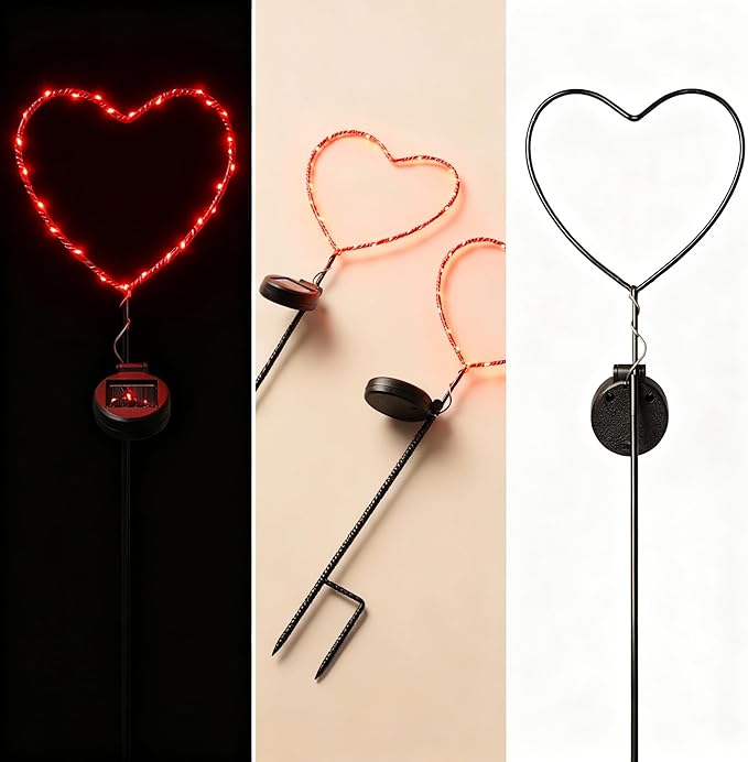 Solar Heart Garden Stake Light with Copper Wire LED - Red Light - Metal Frame Valentine's Day Outdoor Decor for Yard Patio Pathway - Waterproof Red Heart Shaped Solar Lights, Lawn Decor, Gift