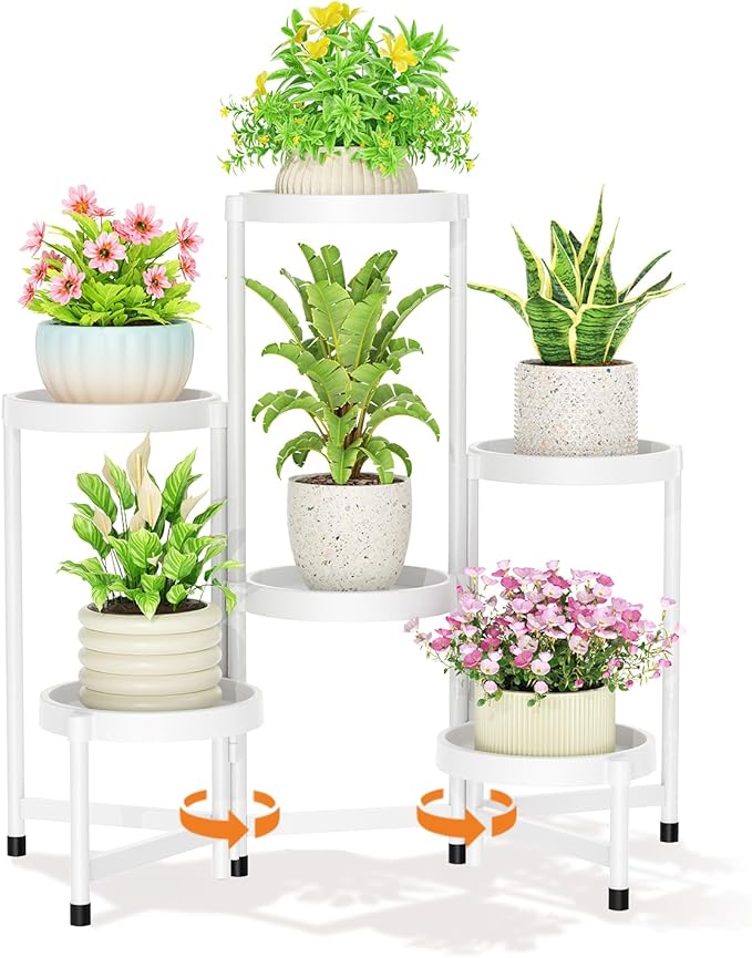 LASZOLA 6 Tiered Folding Plant Stand Indoor for Multiple Large Planter, Tall Heavy Duty Adjustable Rack with Rust Proof Plastic Shelving, Sturdy Vertical Tree Organizer for Narrow Inside Floor, White