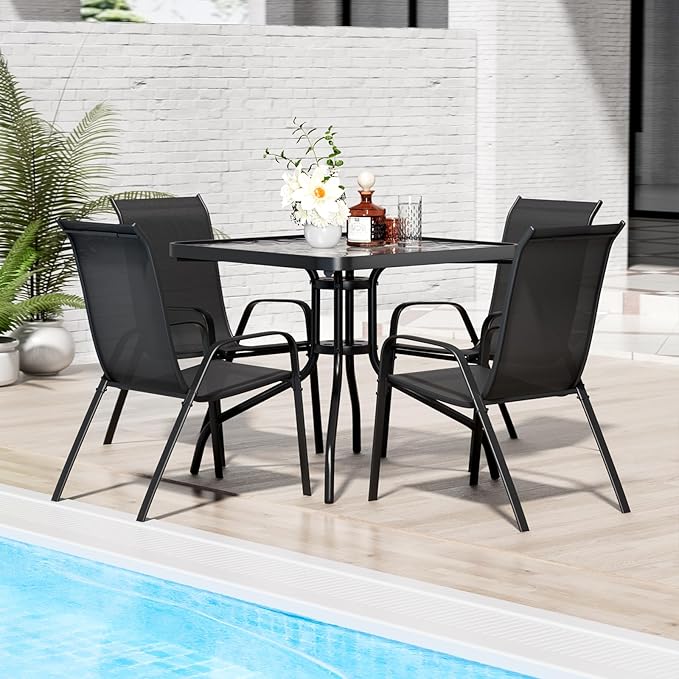 TLSUNNY Patio Dining Set 5 Pieces, All Weather Outdoor Furniture W/30"X 30" Table and 4 Stackable Textilene Chairs, Metal Table and Chairs for Lawn, Garden, Poolside, Backyard (Umbrella not Included)