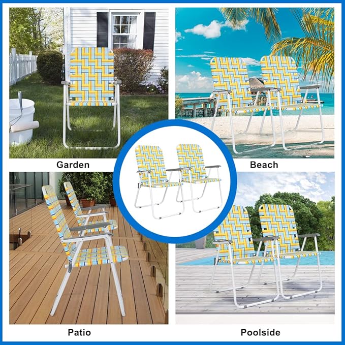 VINGLI Patio Lawn Webbed Folding Chairs Set of 2, Outdoor Beach Chair Portable Dining Chair for Outdoor Yard, Garden (Yellow, Classic)