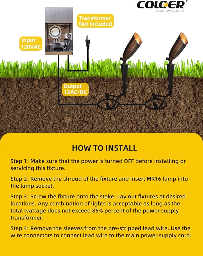 COLOER Brass Landscape Spotlights, 6 Pack Landscape Light Fixture with 5W Aluminum Housing MR16 LED Bulb 2700K 450LM,12V AC/DC Low Voltage Outdoor Spot Lighting,Uplight for Garden and Patio(102B)