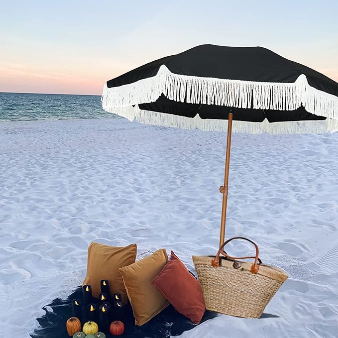 AMMSUN 7ft Patio Umbrella with Fringe Outdoor Tassel Umbrella UPF50+ Premium Steel Pole and Steel Ribs Push Button Tilt, Black