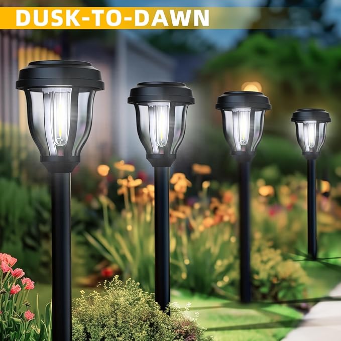 DERAYSION 12 Pack Solar Lights Outdoor, Solar Pathway Lights Auto On/Off Waterproof Garden Landscape Lighting for Path, Yard, Walkway, Driveway, Cold White
