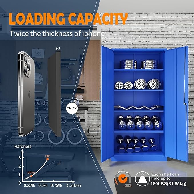 Yizosh Metal Garage Storage Cabinet with 2 Doors and 5 Adjustable Shelves - 71" Steel Lockable File Cabinet,Locking Tool Cabinets for Office,Home,Garage,Gym,School (Blue)