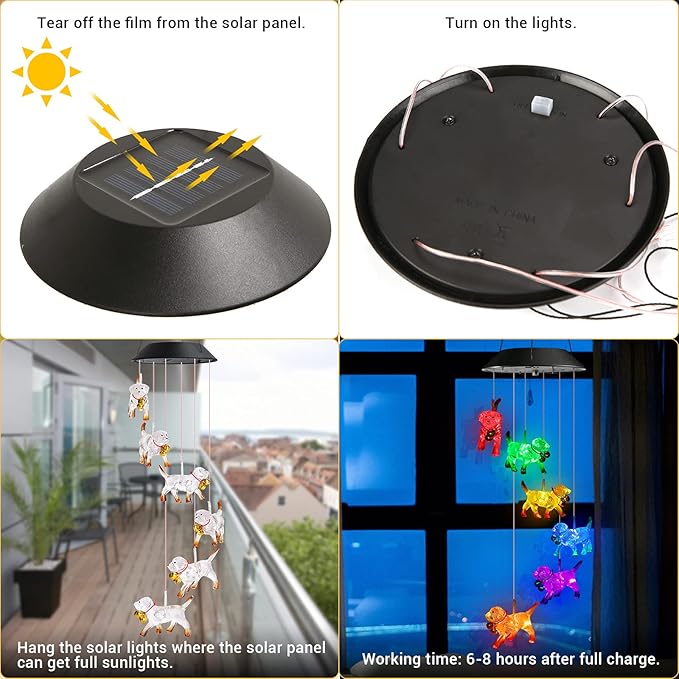 Toodour Solar Wind Chime, Color Changing Wind Chimes Dog, LED Decorative Mobile, Gifts for Mom Grandma, Waterproof Outdoor Decorative Lights for Garden, Patio, Yard, Window Outdoor Decor