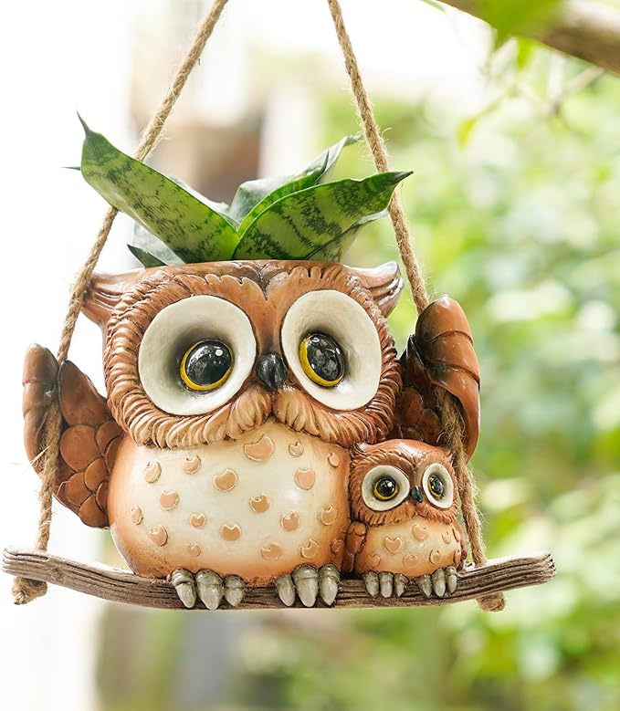 Swing Owl Hanging Planters for Indoor Plants, Cute Small Succulent Pots with Drainage Hole, Unique Resin Plant Hangers Outdoor, Hanging Plant Holder for String Of Pearls, Gift Ideas for Mother