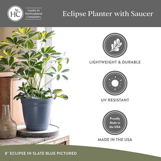 The HC Companies 10 Inch Eclipse Round Planter Pots with Drainage Holes & Attached Saucer, Lightweight UV-Resistant Plastic Indoor & Outdoor Planters, 2-Pack Flower Pots, Garden Home Decor, Slate Blue