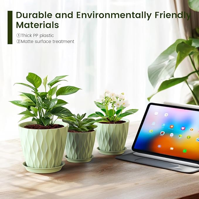 7/6.5/6/5.5/5/4.5/4 inch Plant Pots for Indoor Outdoor Plants, 7 Pack Thick Flower Pots with Drainage Holes and Saucers, Modern Wave Texture Plastic Planter Pots for Nursery, Succulent, Green