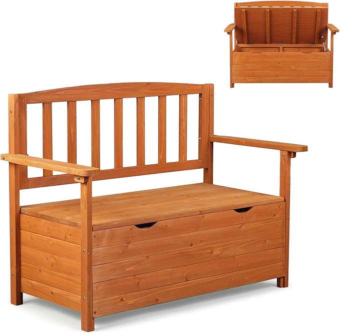 VINGLI Outdoor Storage Bench, Large Wood Deck Box with Seating, Weatherproof Outdoor Bench with Storage Loveseat, 2-Person Wooden Patio Bench for Entryway, Backyard, Garden