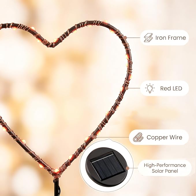 Solar Heart Garden Stake Light with Copper Wire LED - Red Light - Metal Frame Valentine's Day Outdoor Decor for Yard Patio Pathway - Waterproof Red Heart Shaped Solar Lights, Lawn Decor, Gift