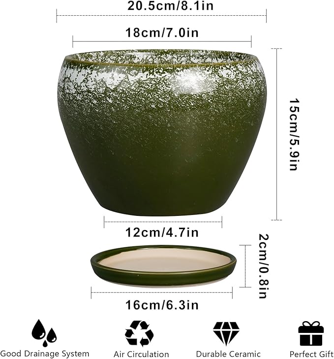 8 Inch Plant Pot - Ceramic Planter with Drainage Hole and Saucer, Modern Flower Pot for Glazed Indoor Plants Outdoor, Dark Green