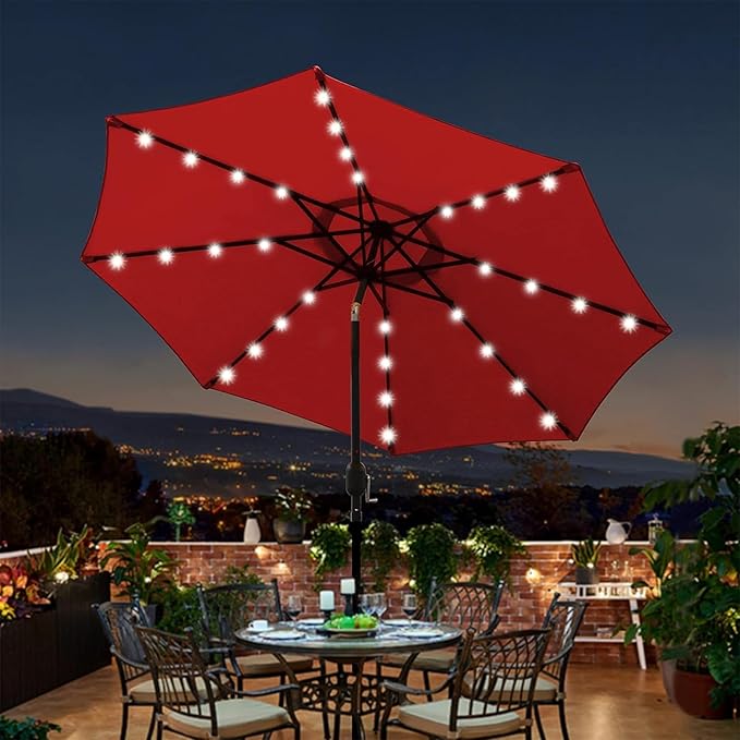 Blissun 9 ft Solar Umbrella, 32 LED Lighted Patio Umbrella, Table Market Umbrella, Outdoor Umbrella for Garden, Deck, Backyard, Pool and Beach (Red)