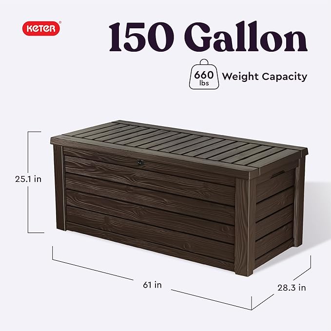 Keter Westwood 150 Gallon Deck Box Organizer, Doubles as 2-Person Bench Seat, Brown – Large Resin Outdoor Storage and Seating with Lockable Lid for Garden, Pool, and Patio