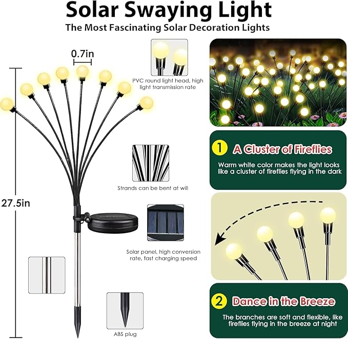 6-Pack Garden Solar Lights, 48 LED Solar Lights Outdoor for Garden Decor, Waterproof Firefly Light Outdoor (Sway by Wind), Swaying Light for Outside Yard Pathway Landscape Decorations (Warm White)