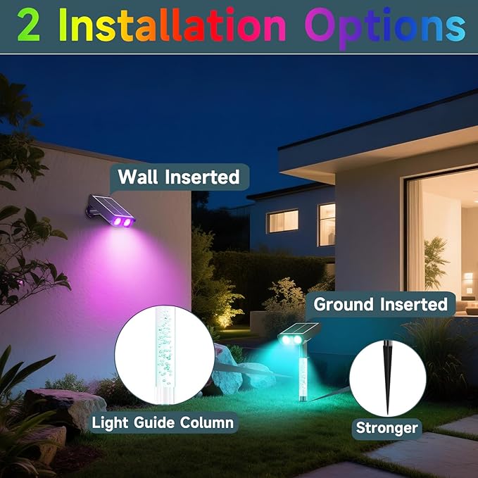 RGB Solar Spot Lights : 2 IN 1 Solar Lights Outdoor with 8 Lighting Modes & PC Light Guide Column for Tree Garden Yard Pathway | RGB Color Changing Landscape Lights | IP65 Waterproof | 12 Pack