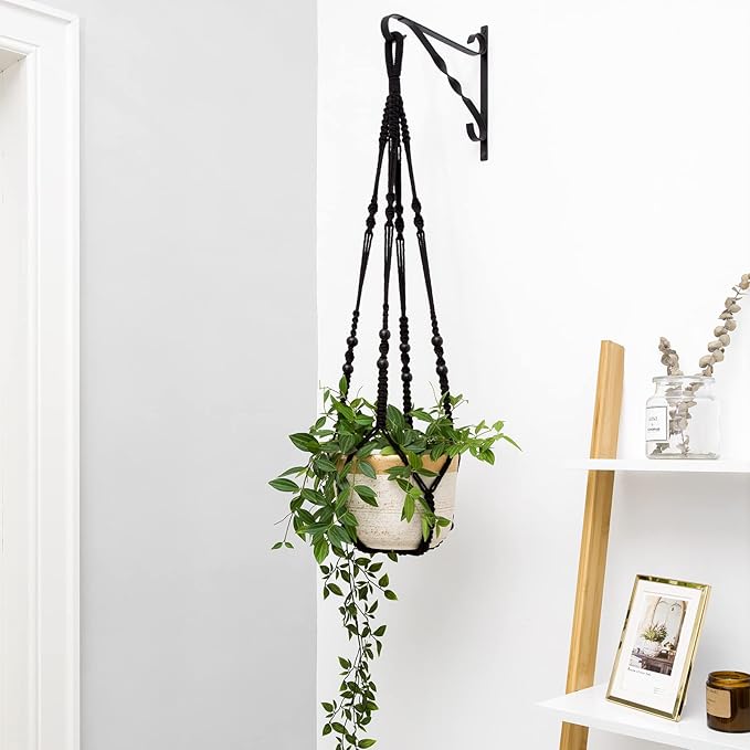 Mkono Macrame Plant Hanger Indoor Hanging Planter Basket with Wood Beads Decorative Flower Pot Holder No Tassels for Indoor Outdoor Boho Home Decor 35 Inch, Black, Set of 2 (POTS NOT Included)