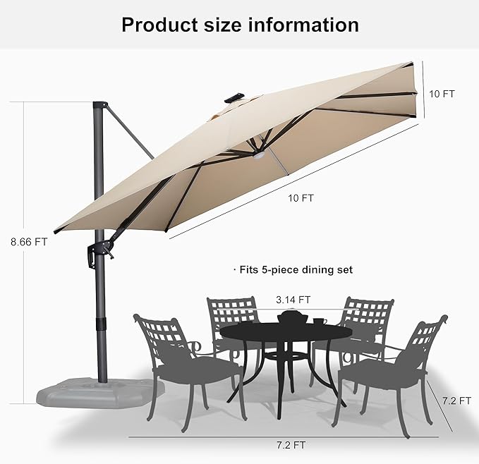 PURPLE LEAF 10 Feet Patio Umbrella with Base Outdoor Cantilever Solar Powered LED Square Umbrella Aluminum Offset Umbrella with 360-degree Rotation for Garden Deck Pool Patio, Beige