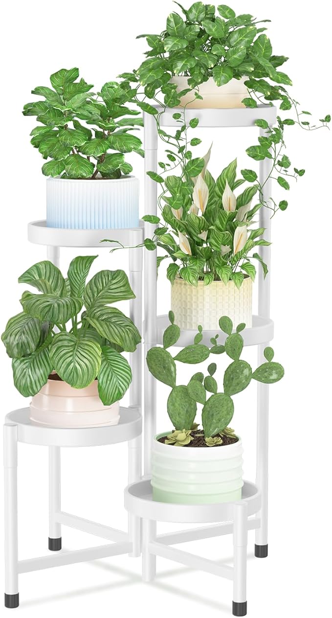iDavosic.ly Plant Stand Indoor Outdoor, 5 Tier Corner Metal Flower Display Holder Shelf, Easy Assembly Folding Tall Orchid Rack for Patio Balcony Porch Garden Living Room House, White