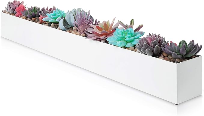DR&Co Modern Rectangle Planter Box - 32" Metal Planter Ideal for Long Succulent, Rectangular Box for Table or Window Sill, Trough for Indoor Window, White