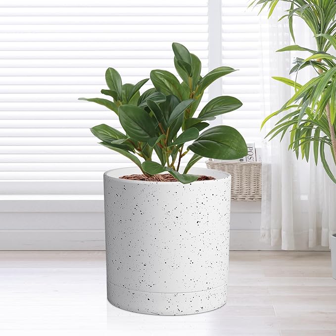 7/6.5/6/5/4 inch Plant Pots, 5 Pack Cylinder Flower Pots for Small Indoor Outdoor Plants, Plastic Planters with Drainage Holes and Saucers for Garden Succulent House Plants, Speckled White