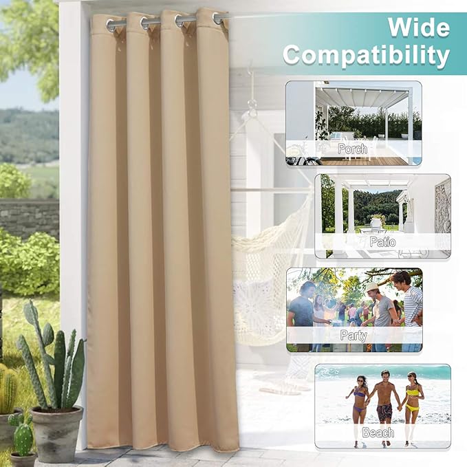 NICETOWN 2 Panels Patio Outdoor Curtains 95 inch Length, Thermal Insulated Silver Stainless Steel Grommet Weighted Room Darkening Indoor Outdoor Drapes for Terrace, Biscotti Beige, W52 x L95