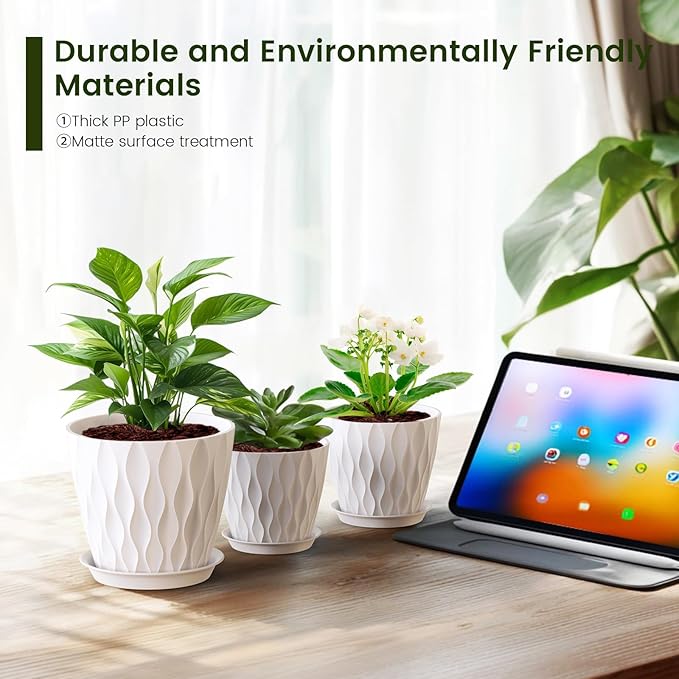 7/6.5/6/5.5/5/4.5/4 inch Plant Pots for Indoor Outdoor Plants, 7 Pack Thick Flower Pots with Drainage Holes and Saucers, Modern Wave Texture Plastic Planter Pots for Nursery, Succulent, White