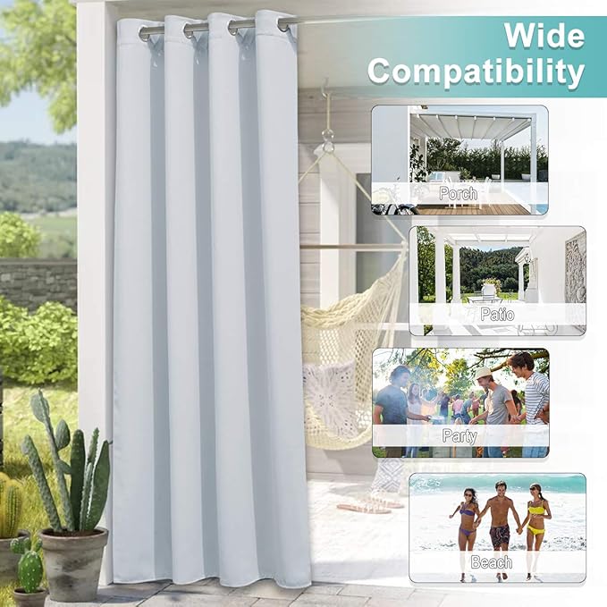 NICETOWN Large Outdoor Curtain for Cabana Waterproof, Rust-Proof Grommet Top Room Darkening Patio Door Panel Heavy Weight Keep Privacy for Party/Terrace, Greyish White, 1 Panel, W140 x L84